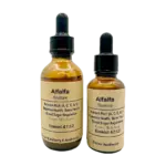 Two amber glass bottles of Alfalfa Tincture with labels, dropper caps, and health benefits listed.
