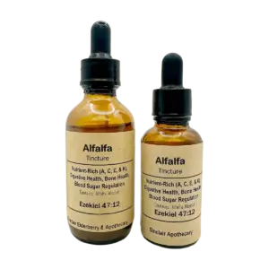 Two amber glass bottles of Alfalfa Tincture with labels, dropper caps, and health benefits listed.