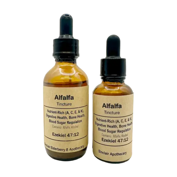 Two amber glass bottles of Alfalfa Tincture with labels, dropper caps, and health benefits listed.