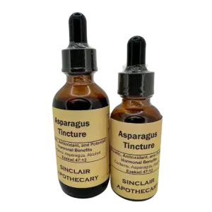 Two amber bottles of Sinclair Apothecary asparagus tincture with droppers, highlighting herbal health benefits.