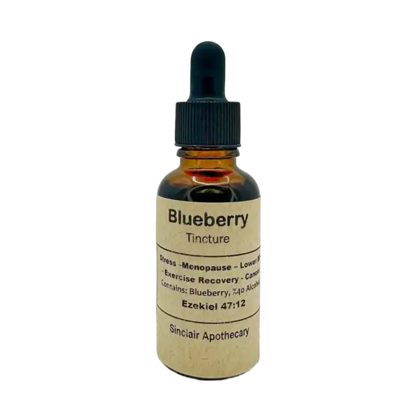 Amber blueberry tincture bottle with dropper, natural label, promoting health benefits, as seen in blueberry-tincture-antioxidant-menopause-lowers-bp-exercise-recovery-cognitive-anticancer_1x1_isolate-1.webp.