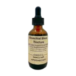 Amber glass herbal tincture bottle labeled Bronchial Blend with herbs for respiratory support, cough relief, and immunity.