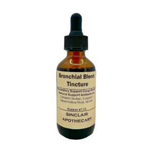 Amber glass herbal tincture bottle labeled Bronchial Blend with herbs for respiratory support, cough relief, and immunity.