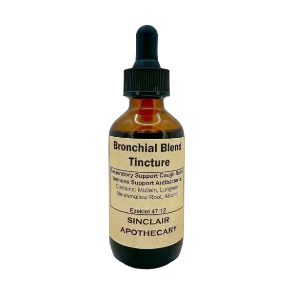 Amber glass herbal tincture bottle labeled Bronchial Blend with herbs for respiratory support, cough relief, and immunity.