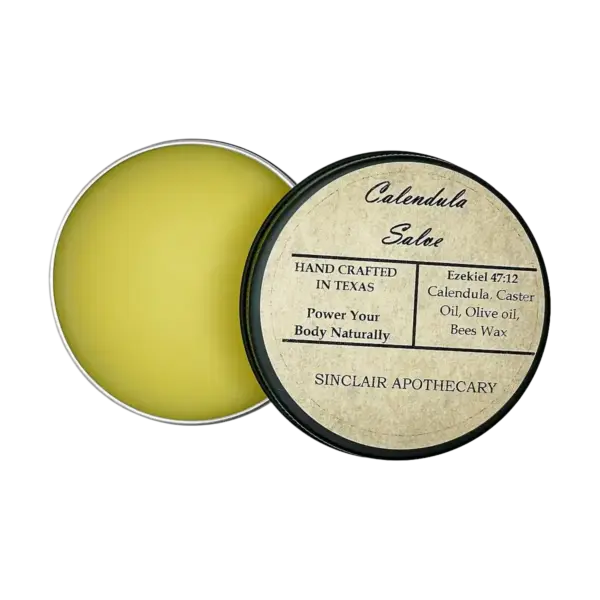 Handcrafted Calendula Salve in a black tin featuring natural ingredients for skin healing - calendula-salve-caster-olive-oil-bees-wax-heal-wounds-rashes-dry-skin_1x1_isolate-1.webp