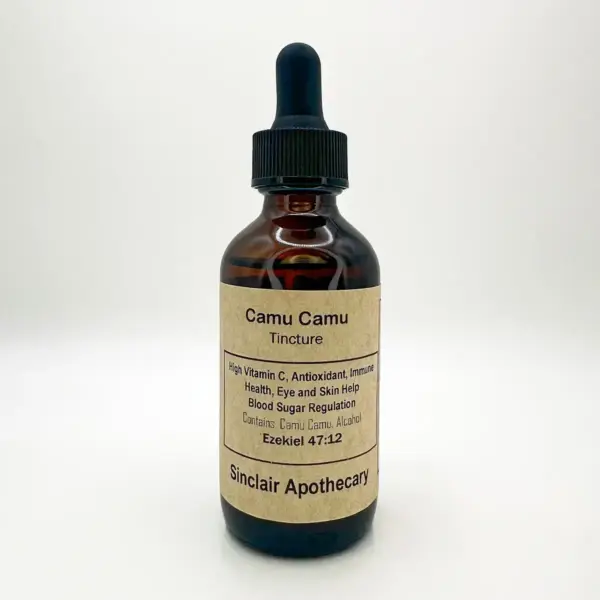 Dark amber Camu Camu tincture bottle with dropper, label highlighting vitamin C, antioxidants, and immune support.