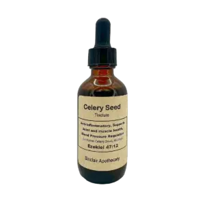 Amber glass bottle of Celery Seed Tincture supporting inflammation, joint health, and blood pressure.