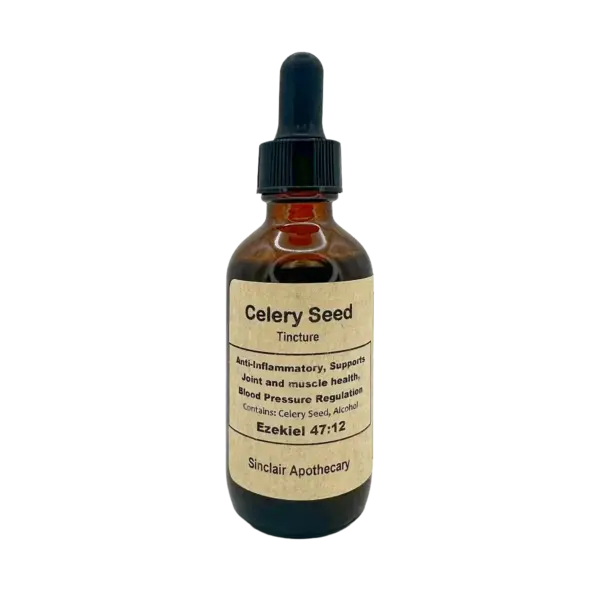 Amber glass bottle of Celery Seed Tincture supporting inflammation, joint health, and blood pressure.