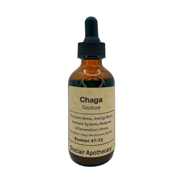 Glass bottle of Sinclair Apothecary Chaga Tincture with natural kraft label and black dropper cap.