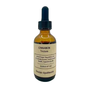 Cinnamon Tincture for Blood Sugar and Immune Support Amber cinnamon tincture bottle with dropper, promoting healthy blood sugar, inflammation, and cardiovascular health.