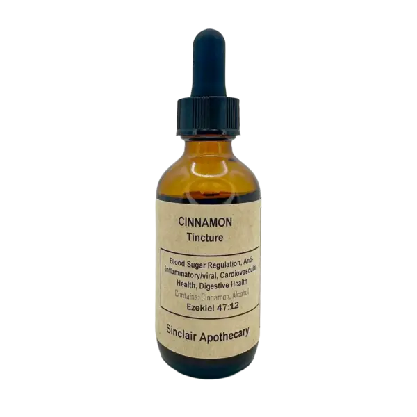 Amber cinnamon tincture bottle with dropper, promoting healthy blood sugar, inflammation, and cardiovascular health.
