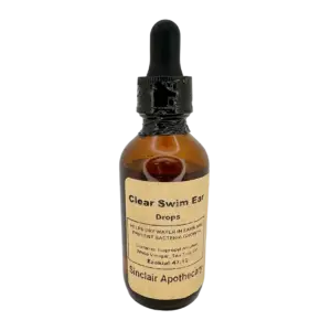 Amber bottle of Sinclair Apothecary Clear Swim Ear Drops with dropper cap, made with natural ingredients.