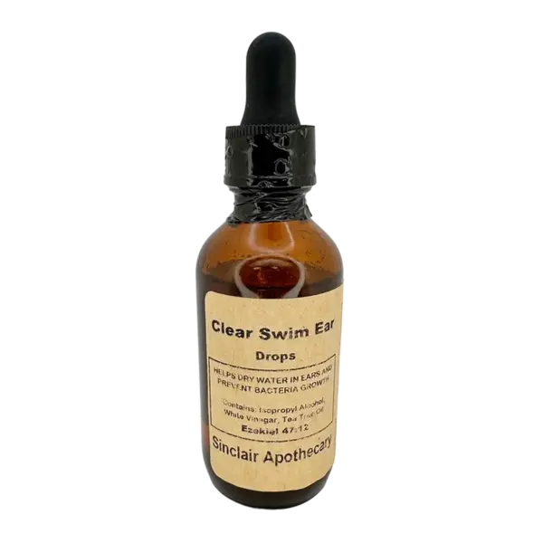 Amber bottle of Sinclair Apothecary Clear Swim Ear Drops with dropper cap, made with natural ingredients.