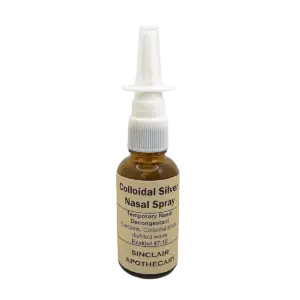 Colloidal Silver Nasal Spray in a clear bottle, with a white spray cap, for natural nasal decongestion.