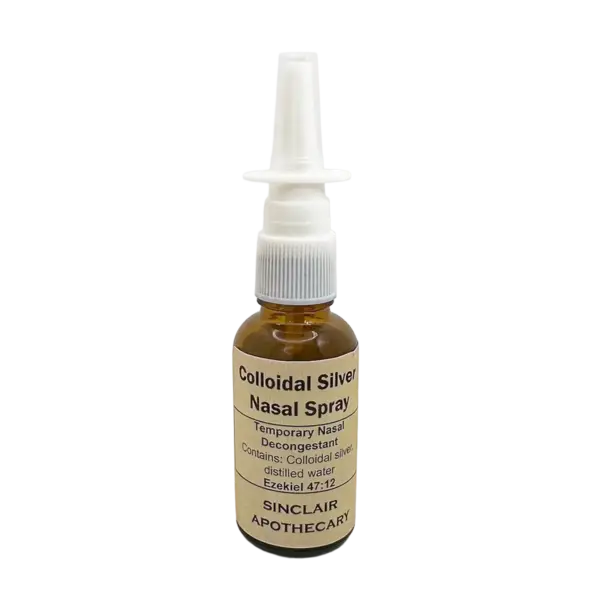 Colloidal Silver Nasal Spray in a clear bottle, with a white spray cap, for natural nasal decongestion.