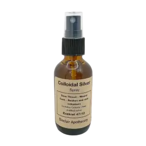 Amber glass spray bottle of Sinclair Apothecary colloidal silver for skin, wounds, and sore throat relief.