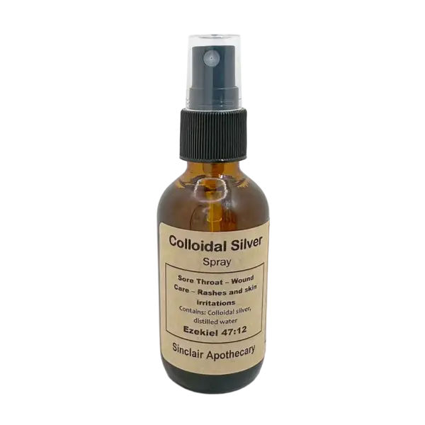 Amber glass spray bottle of Sinclair Apothecary colloidal silver for skin, wounds, and sore throat relief.