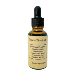 Amber bottle of Coptis Tincture with dropper, herbal remedy for digestion, liver, and antimicrobial support.