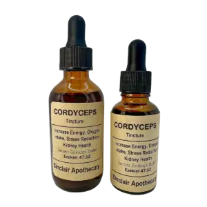 Two amber bottles of Sinclair Apothecary Cordyceps Tincture with droppers against a light background.