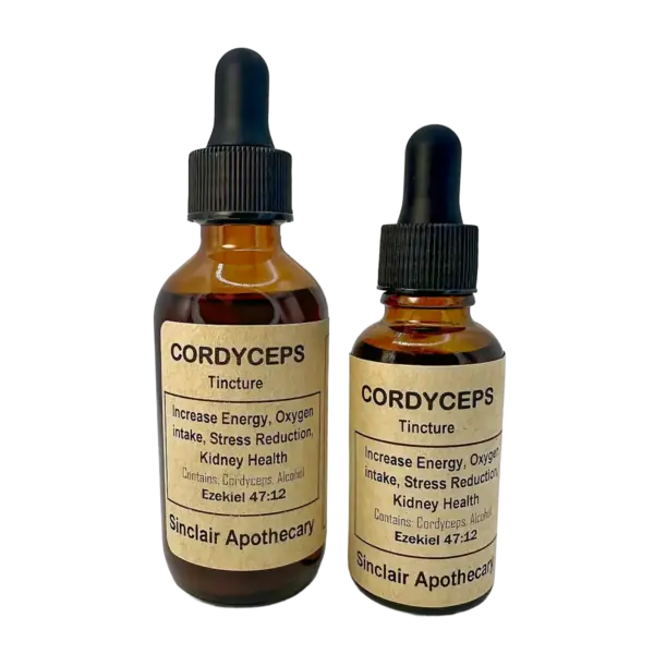 Two amber bottles of Sinclair Apothecary Cordyceps Tincture with droppers against a light background.