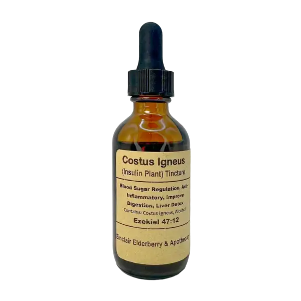 Amber tincture bottle labeled Costus Igneus for blood sugar regulation and liver detox, with biblical reference.