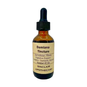Small amber glass bottle of Damiana Tincture with dropper for herbal health benefits.