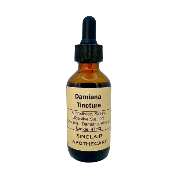 Small amber glass bottle of Damiana Tincture with dropper for herbal health benefits.