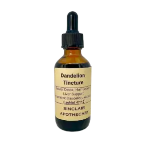 Amber herbal tincture bottle with dropper, labeled for dandelion detox, hair growth, and liver health.