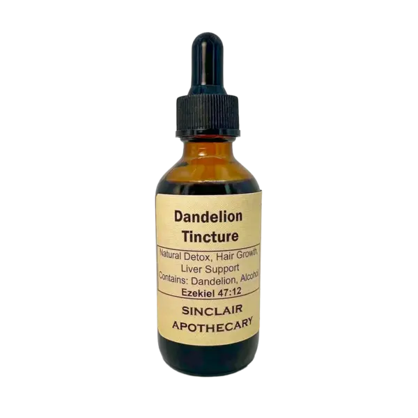 Amber herbal tincture bottle with dropper, labeled for dandelion detox, hair growth, and liver health.