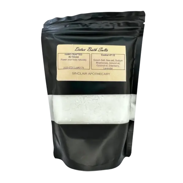 Package of handcrafted detox bath salts with natural ingredients and a clear window, promoting relaxation and wellness.