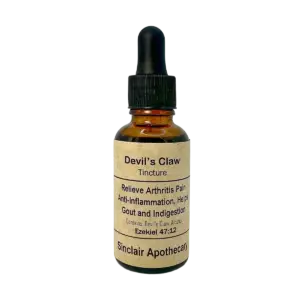 Amber glass bottle of Devils Claw tincture by Sinclair Apothecary for pain relief and inflammation.