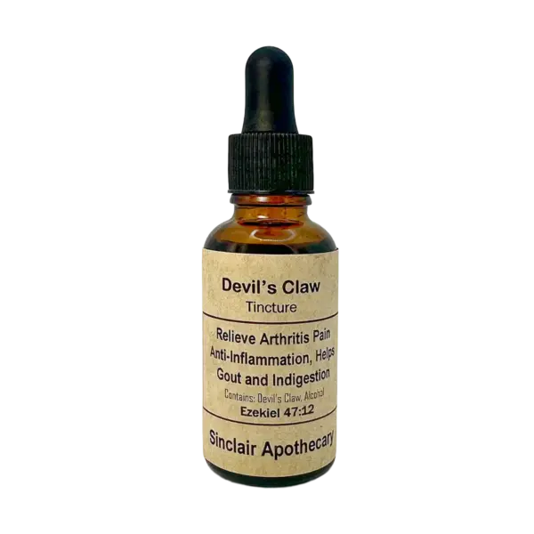 Amber glass bottle of Devils Claw tincture by Sinclair Apothecary for pain relief and inflammation.