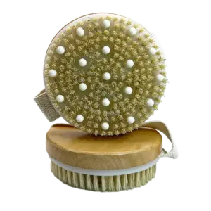 Round dry brush with wooden handle, soft bristles, and skin-stimulating nubs for exfoliation.