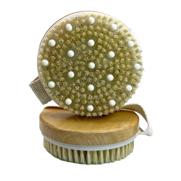 Round dry brush with wooden handle, soft bristles, and skin-stimulating nubs for exfoliation.