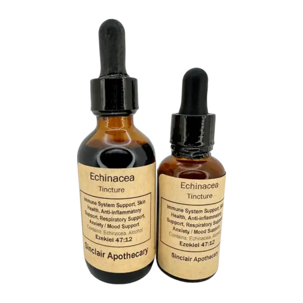 Two amber bottles of Sinclair Apothecary Echinacea Tincture with herbal label and dropper caps.