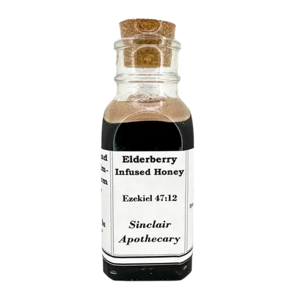 Small glass bottle of elderberry-infused honey with a label, conveying natural immune-boosting benefits.