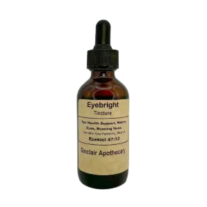 Bottle of Eyebright Tincture for eye health with Saw Palmetto and alcohol, Sinclair Apothecary branding.