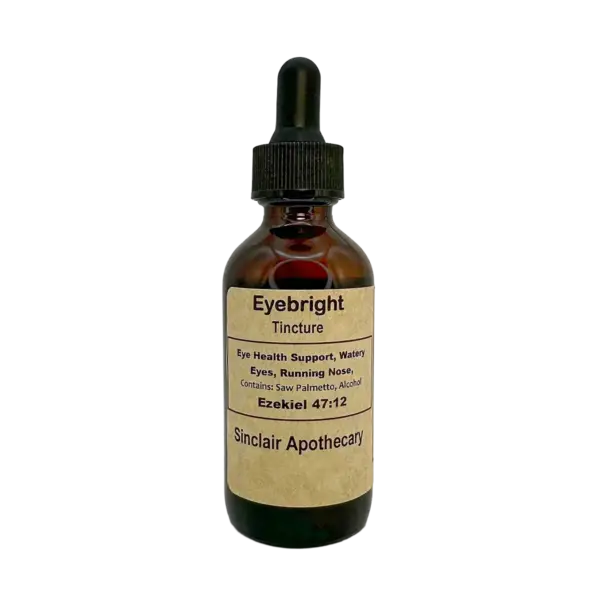 Bottle of Eyebright Tincture for eye health with Saw Palmetto and alcohol, Sinclair Apothecary branding.