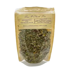 Herbal tea package featuring organic elderberry, lemon balm, and chamomile from Sinclair Apothecary.