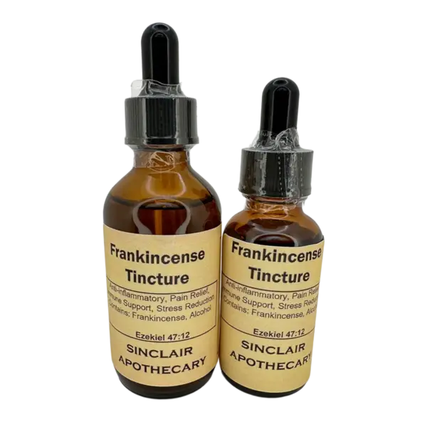 Frankincense Tincture for Natural Healing and Stress Relief Two amber frankincense tincture bottles with dropper caps, highlighting herbal anti-inflammatory, pain relief, and immune support benefits.