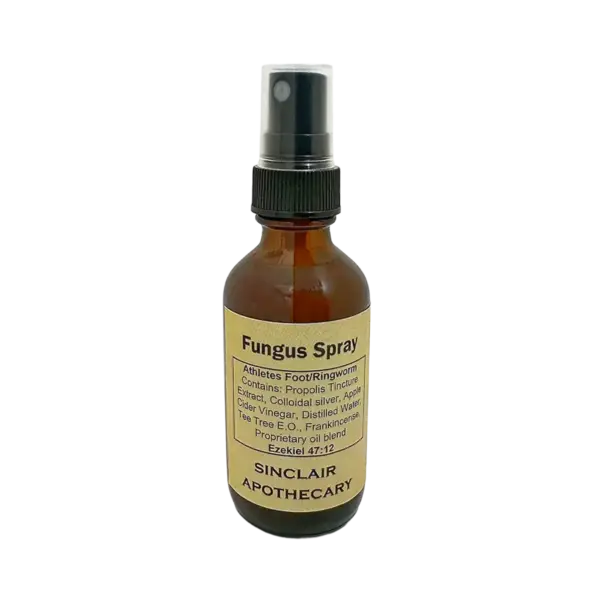 Natural fungus spray with propolis, colloidal silver, and essential oils for athletes foot and ringworm.