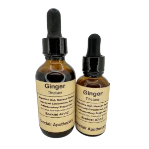 Organic Ginger Tincture for Digestion and Nausea Relief Glass bottles of organic ginger tincture with dropper caps, highlighting digestive, nausea, and circulation benefits.