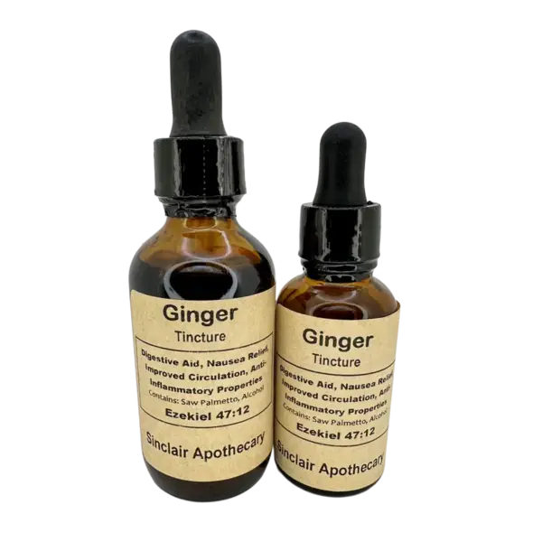 Organic Ginger Tincture for Digestion and Nausea Relief Glass bottles of organic ginger tincture with dropper caps, highlighting digestive, nausea, and circulation benefits.