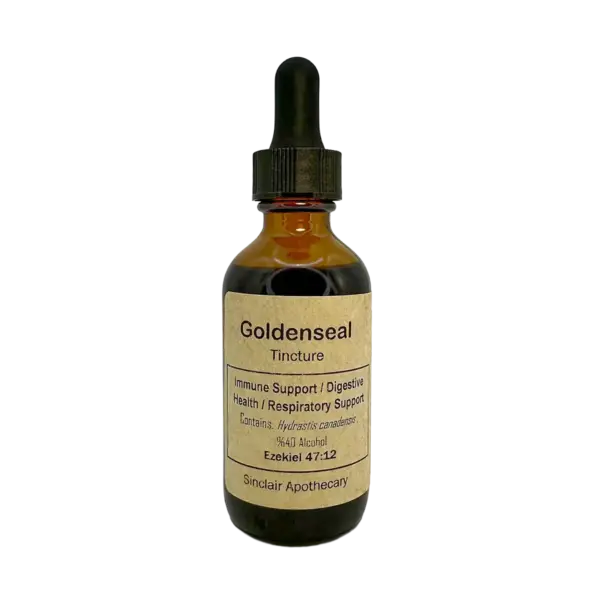 Bottle of Goldenseal tincture for immune, digestive, and respiratory health on a white background.