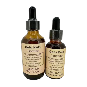 Gotu Kola Tincture for Skin, Hair, and Circulation Two Sinclair Apothecary Gotu Kola tincture bottles with labels stating for skin, hair, circulation, and venous health