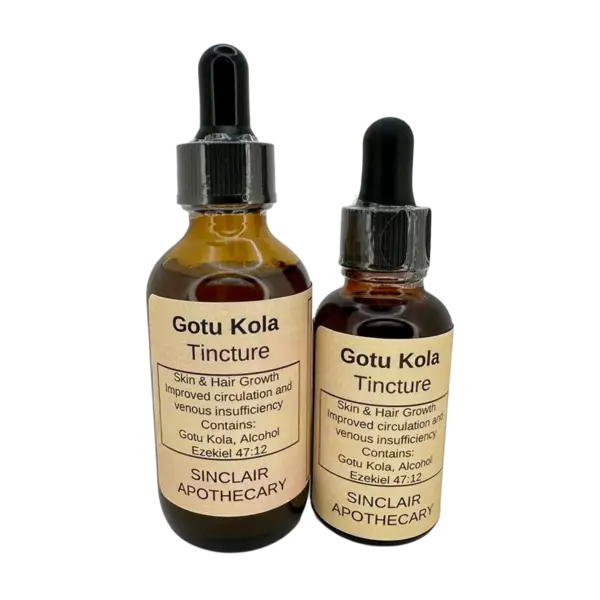 Two Sinclair Apothecary Gotu Kola tincture bottles with labels stating for skin, hair, circulation, and venous health