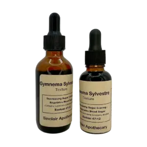 Two dark amber bottles of Sinclair Apothecary Gymnema Sylvestre tincture with labels showing health benefits.