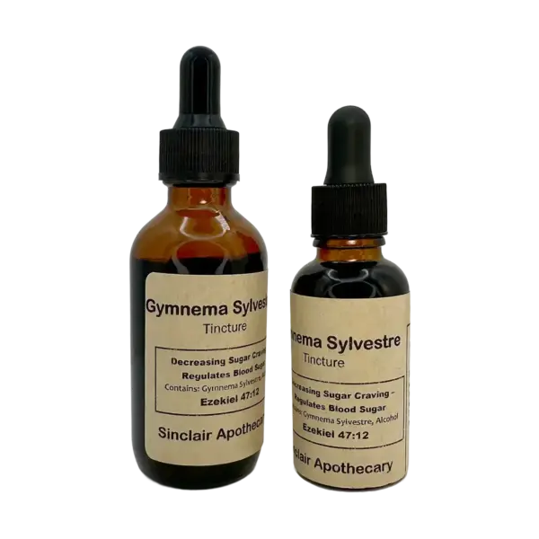 Two dark amber bottles of Sinclair Apothecary Gymnema Sylvestre tincture with labels showing health benefits.