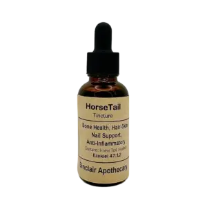 Amber glass bottle of Sinclair Apothecary Horse Tail Tincture with herbal benefits, healthy nails, hair, skin, and bones.