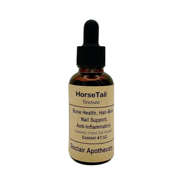 Amber glass bottle of Sinclair Apothecary Horse Tail Tincture with herbal benefits, healthy nails, hair, skin, and bones.